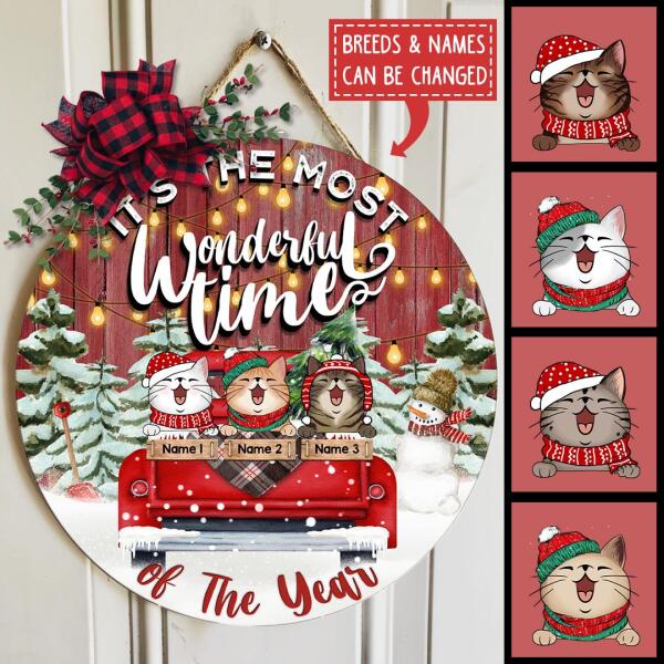 It's The Most Wonderful Time Of The Year - Red Truck - Red Wooden - Personalized Cat Christmas Door Sign