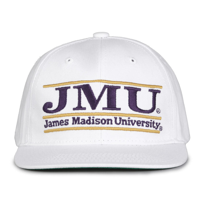 James Madison Retro Bar snapback hat in white, front view