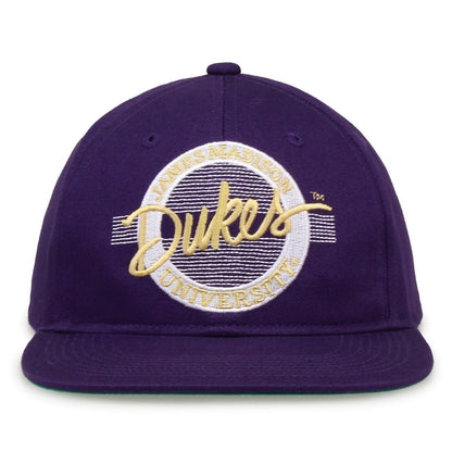 James Madison Retro Circle snapback hat in purple, front view