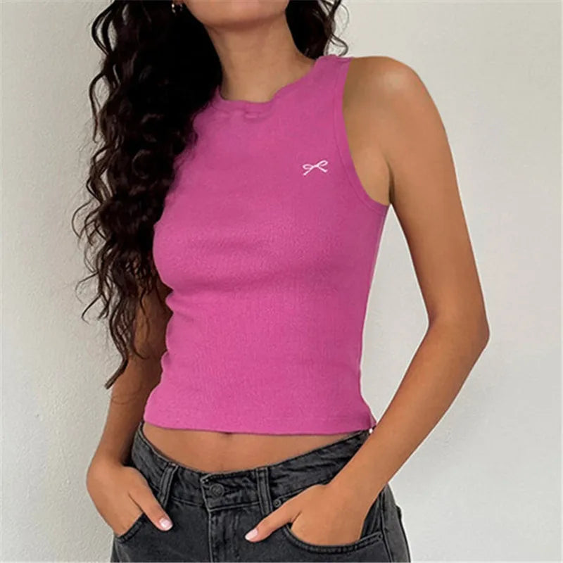 Knit Bow Embroidery Crop Top