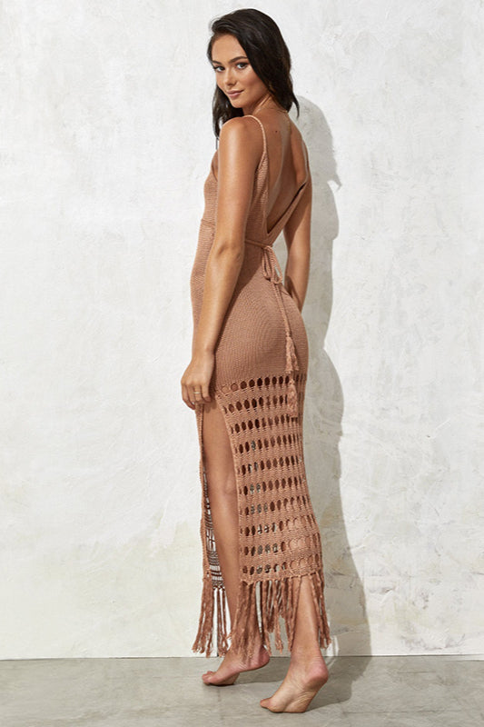 Knit Hollow Tie Fringe Cover Up