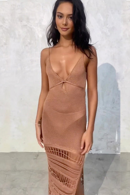 Knit Hollow Tie Fringe Cover Up