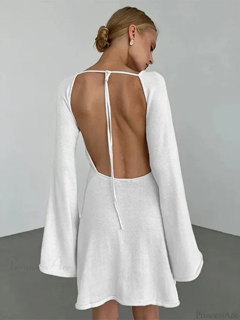 Knitted Backless Lace Up Bikini Cover Up White mini dress / S