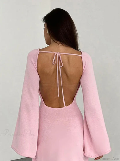 Knitted Backless Lace Up Bikini Cover Up Pink long dress / S