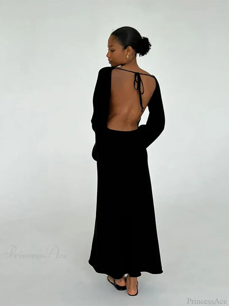 Knitted Backless Lace Up Bikini Cover Up Black long dress / S