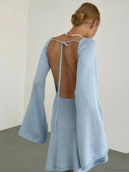 Knitted Backless Lace Up Bikini Cover Up Blue mini dress / S
