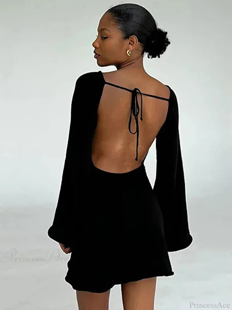 Knitted Backless Lace Up Bikini Cover Up Black mini dress / S