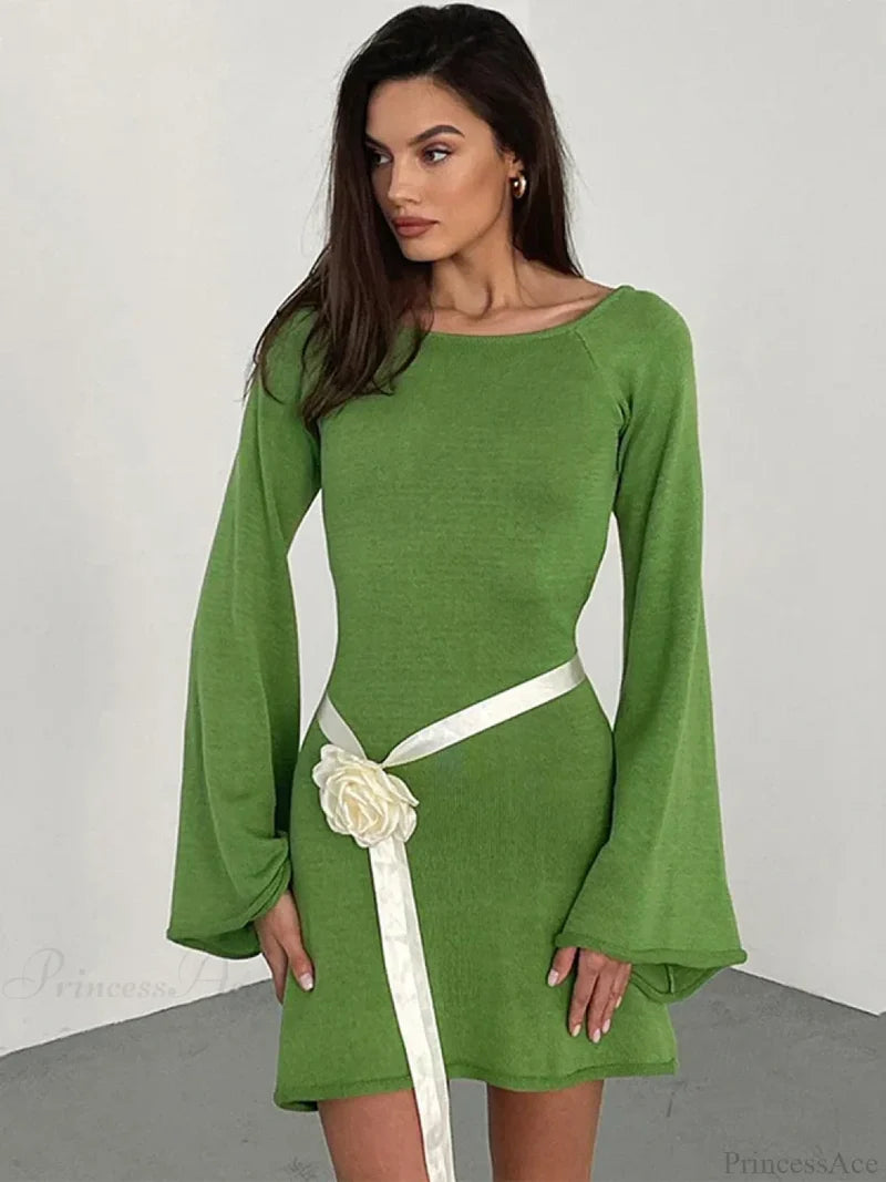 Knitted Backless Lace Up Bikini Cover Up Green mini dress / S