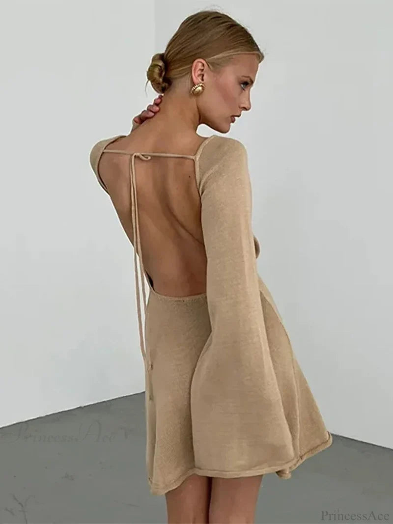 Knitted Backless Lace Up Bikini Cover Up khaki mini dress / S