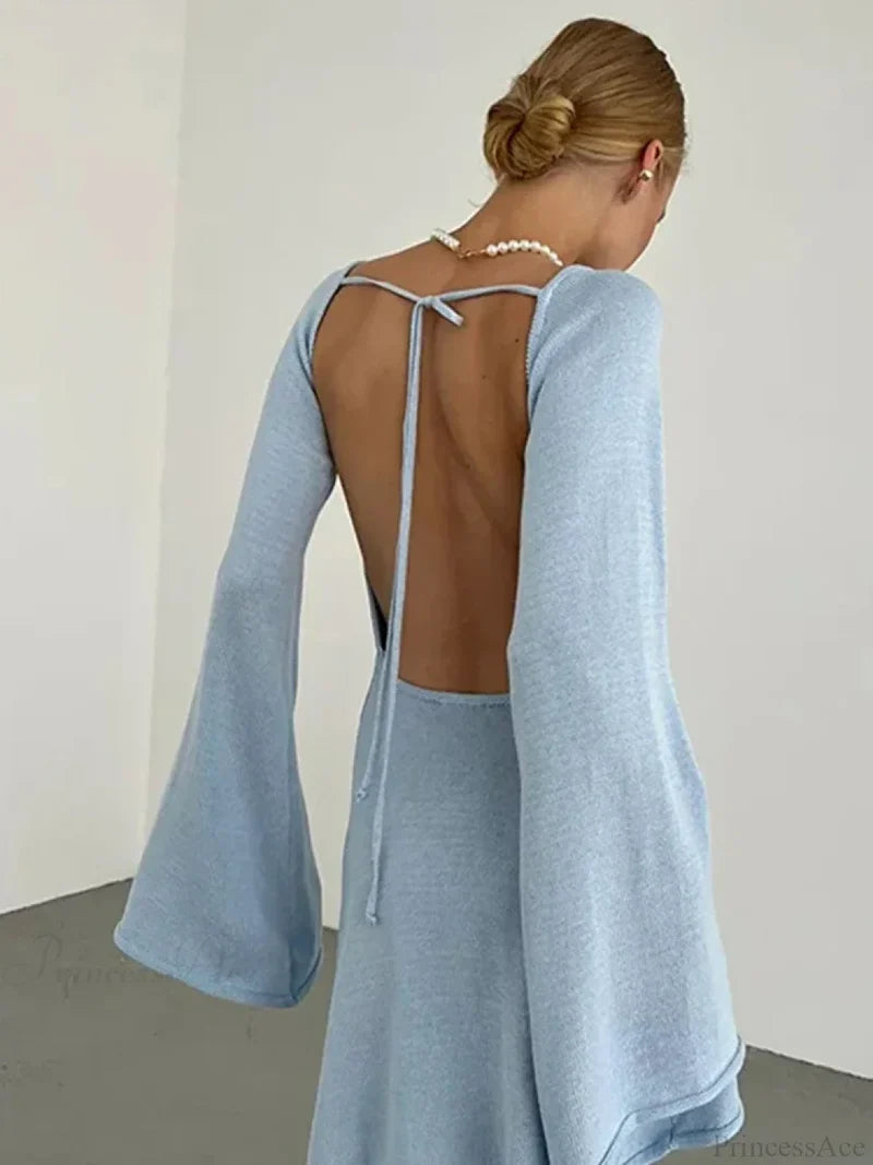 Knitted Backless Lace Up Bikini Cover Up Blue long dress / S