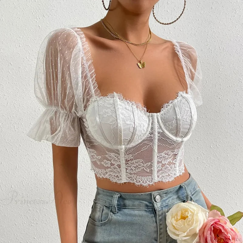 Korean Mesh Sheer Puff Sleeve Lace Crop Top croptop-250126
