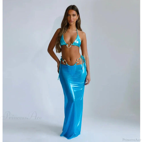 Lace Cover Maxi Dress Three Piece Swimsuit blue / S