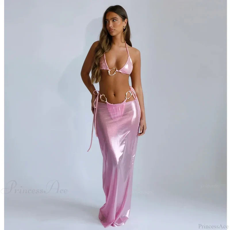 Lace Cover Maxi Dress Three Piece Swimsuit pink / S