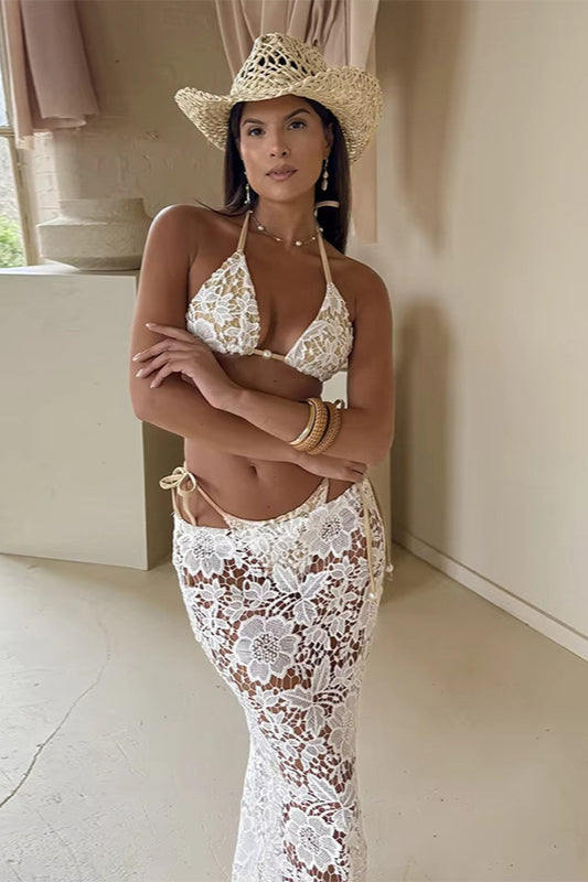 Lace Halter Three Piece Swim Set