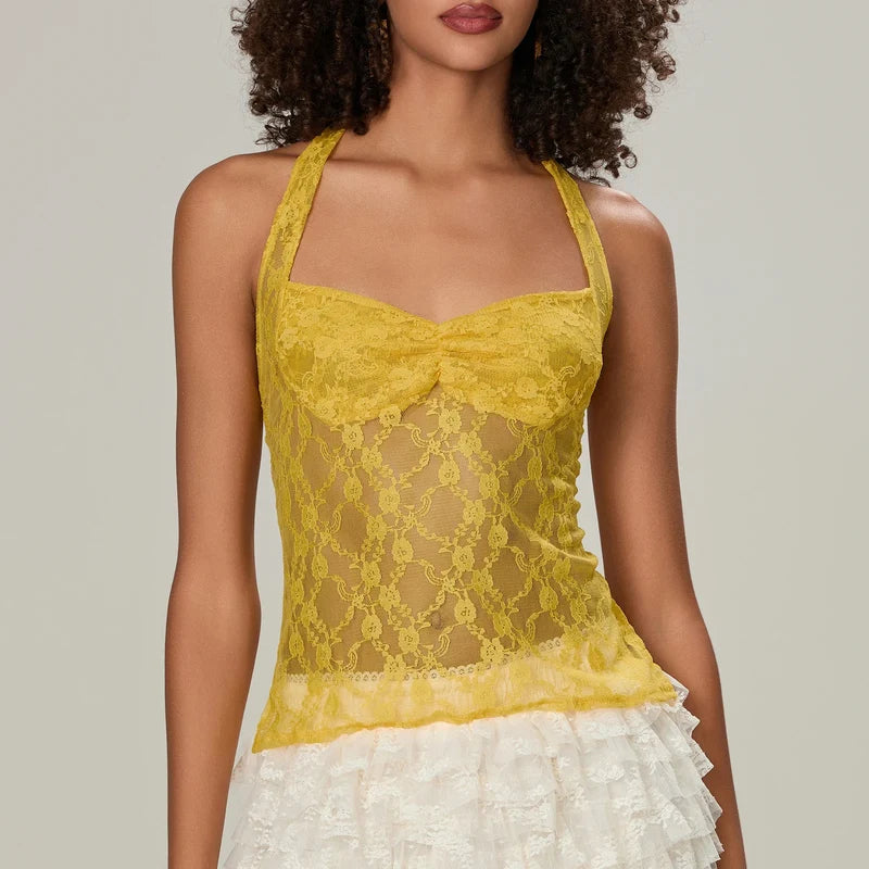 Lace Halter Tie-Up Crop Top