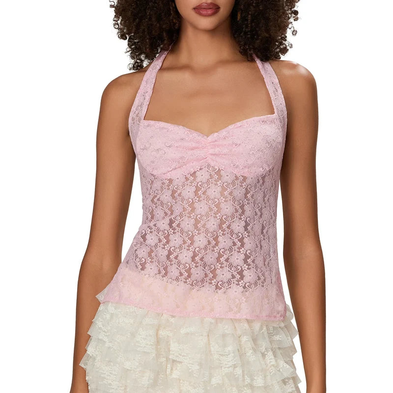 Lace Halter Tie-Up Crop Top