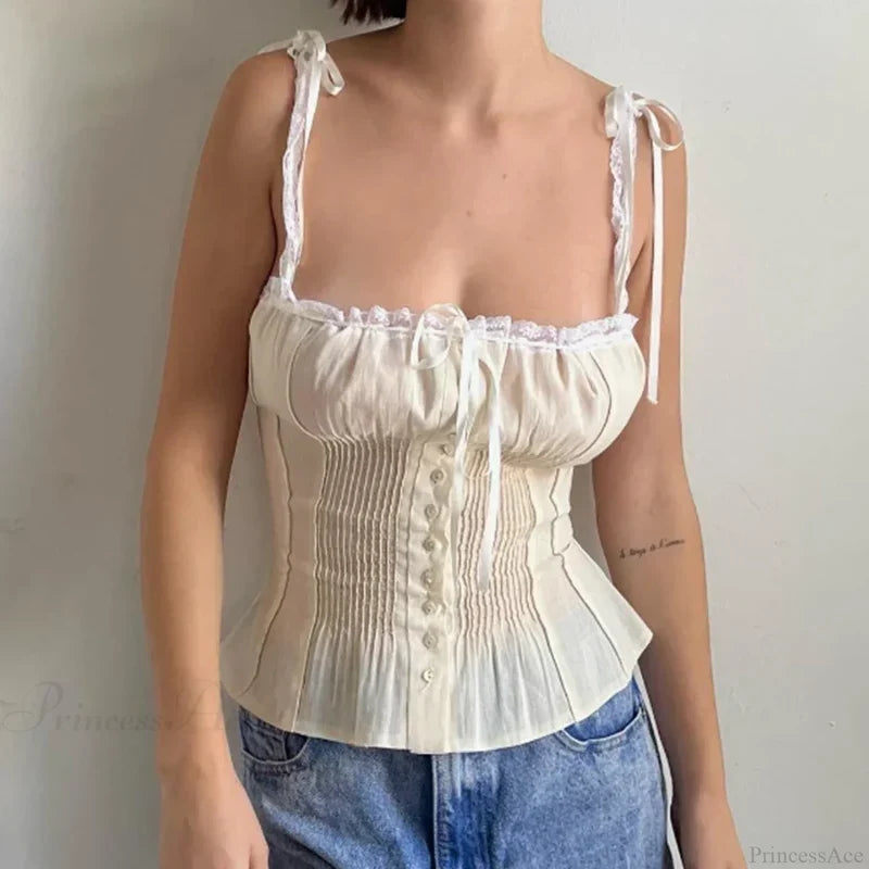 Lace Ribbon Bowknot Button-Up Slim Crop Top croptop-250126