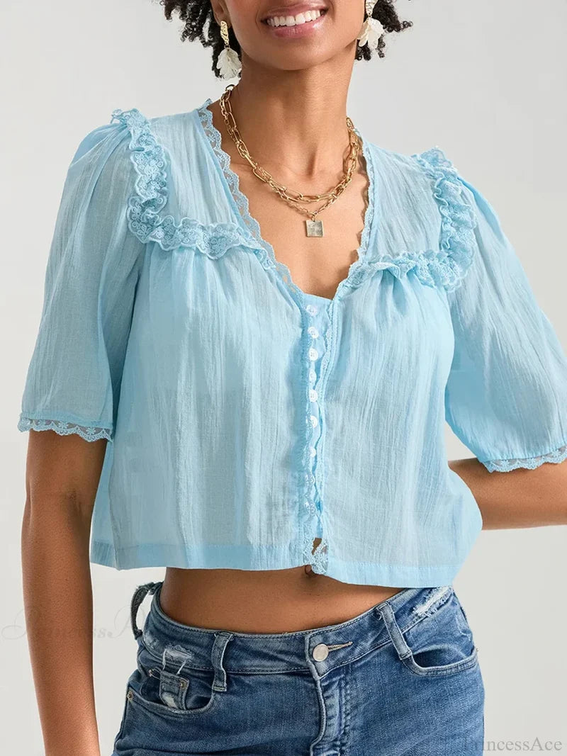 Lace Ruffle V-neck Button Casual Loose Crop Shirt croptop-250126