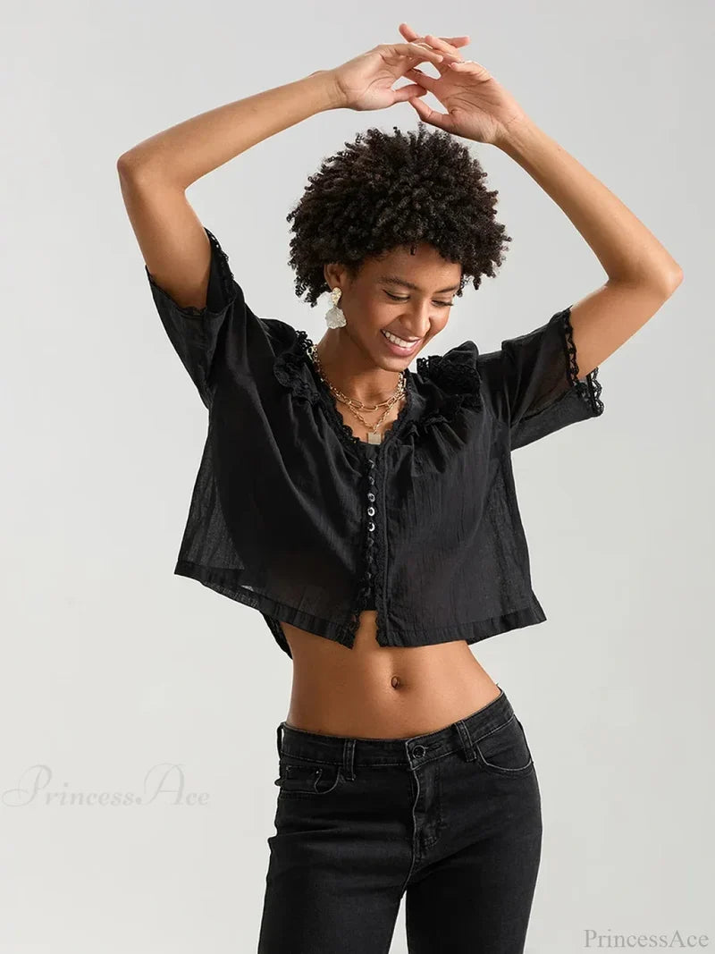 Lace Ruffle V-neck Button Casual Loose Crop Shirt croptop-250126