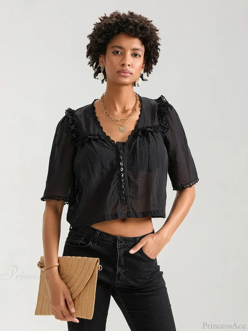 Lace Ruffle V-neck Button Casual Loose Crop Shirt BLACK / XS croptop-250126