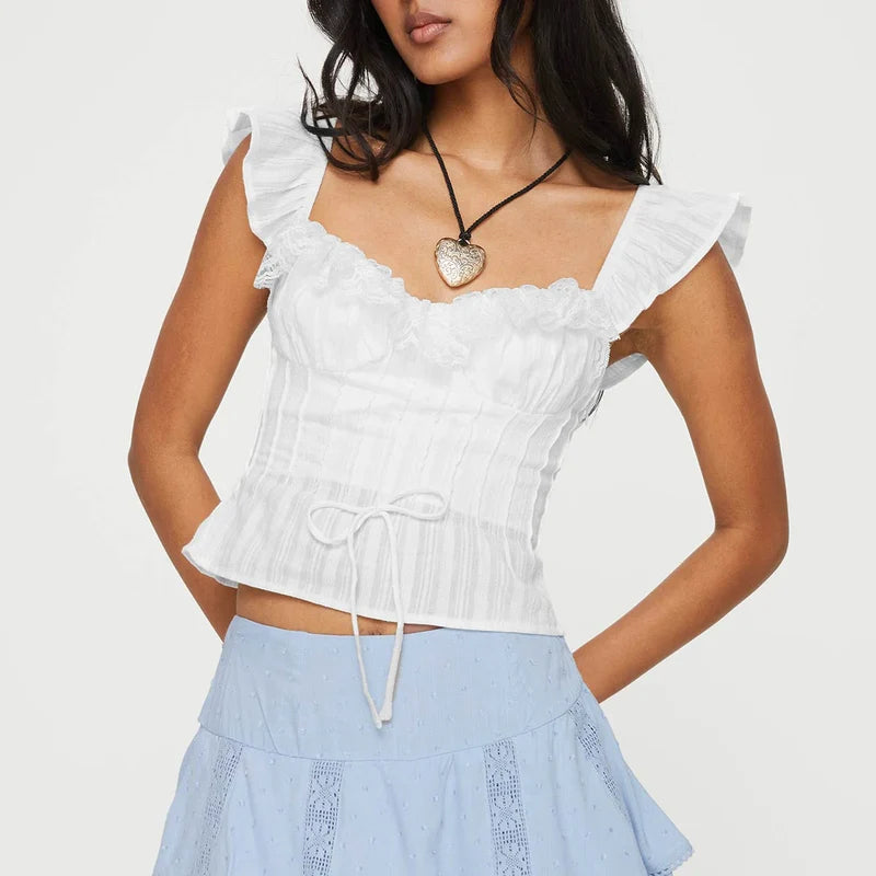 Lace Ruffles Tie-Up Crop Top