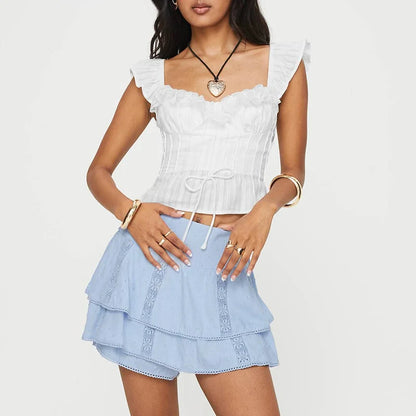 Lace Ruffles Tie-Up Crop Top