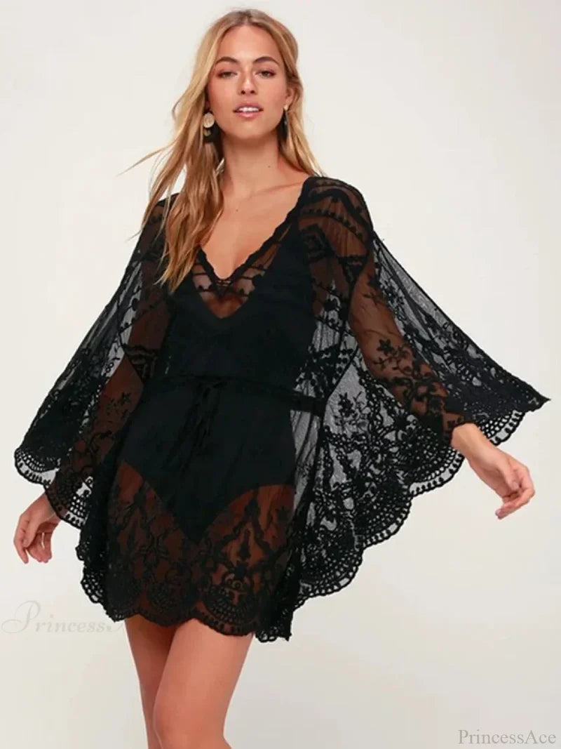 Lace See Through V-Neck Mini Cover Up Black / One Size