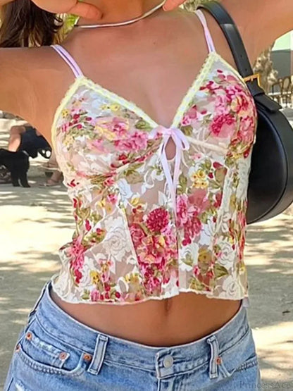 Lace Sheer Floral V Neck Crop Top Pink / S croptop-250126