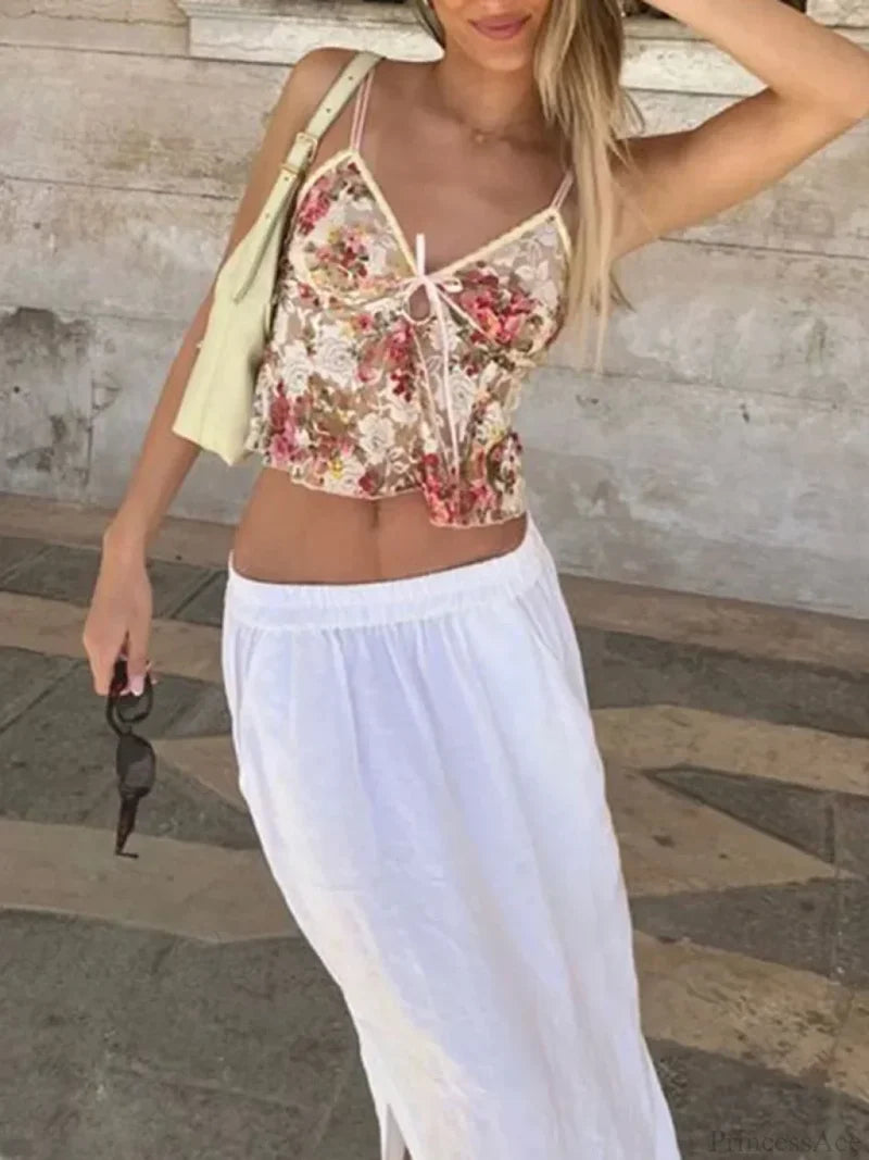 Lace Sheer Floral V Neck Crop Top croptop-250126
