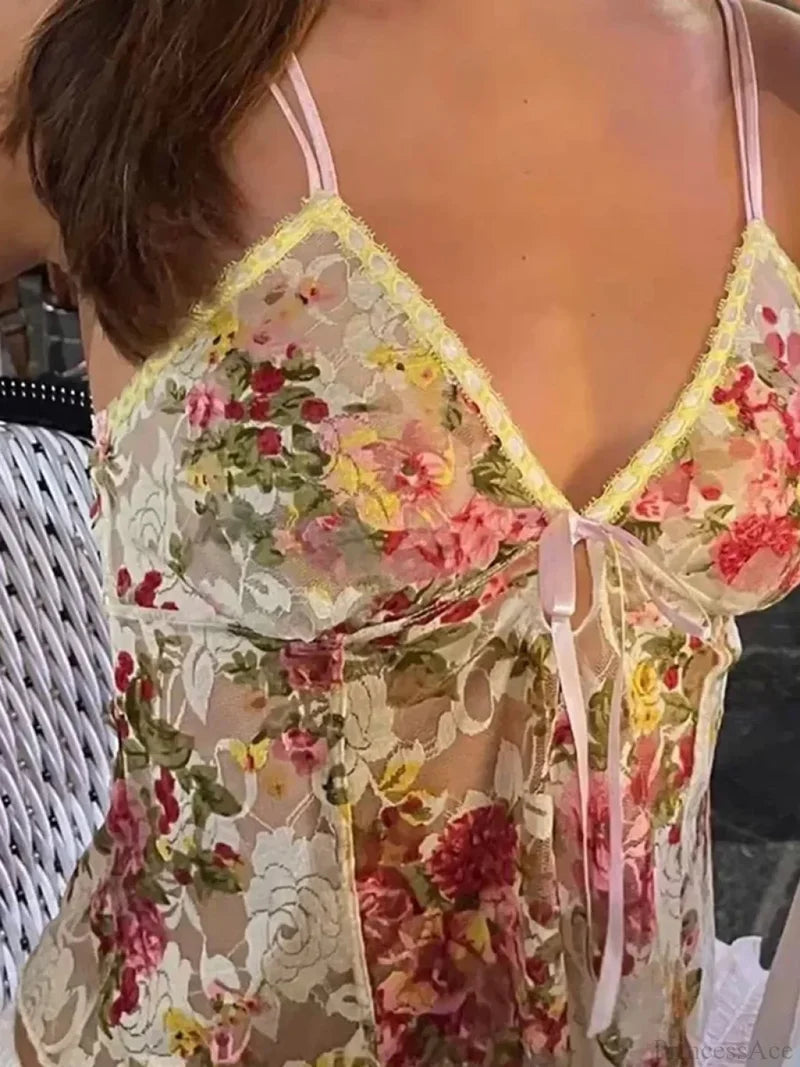 Lace Sheer Floral V Neck Crop Top croptop-250126