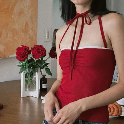 Lace Trim Halter Ruched Slim Fit Crop Top Red / S croptop-250126