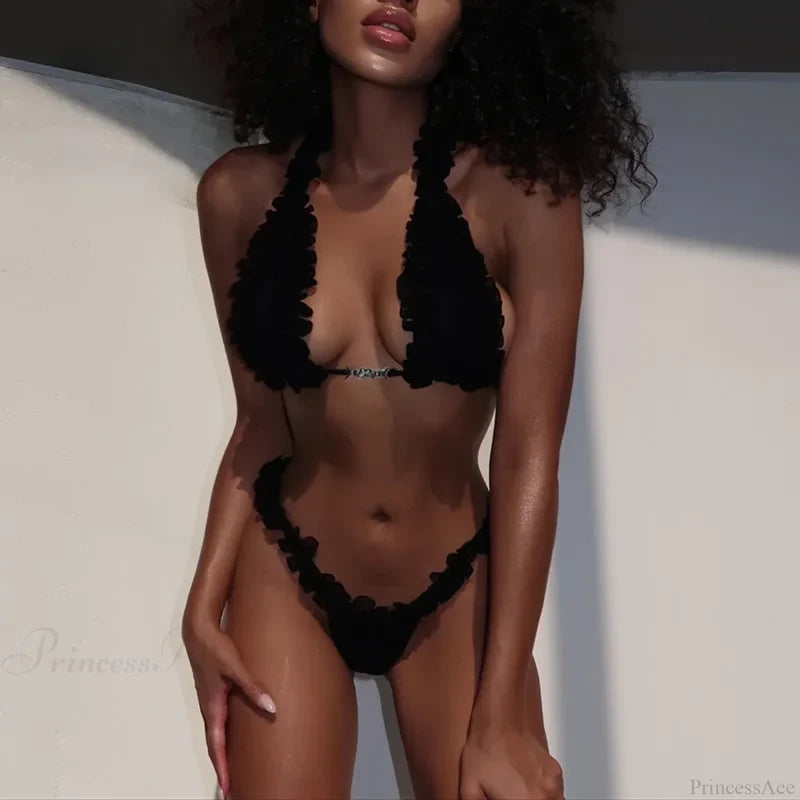 Lace Up Brazilian Bikini Set Black / S