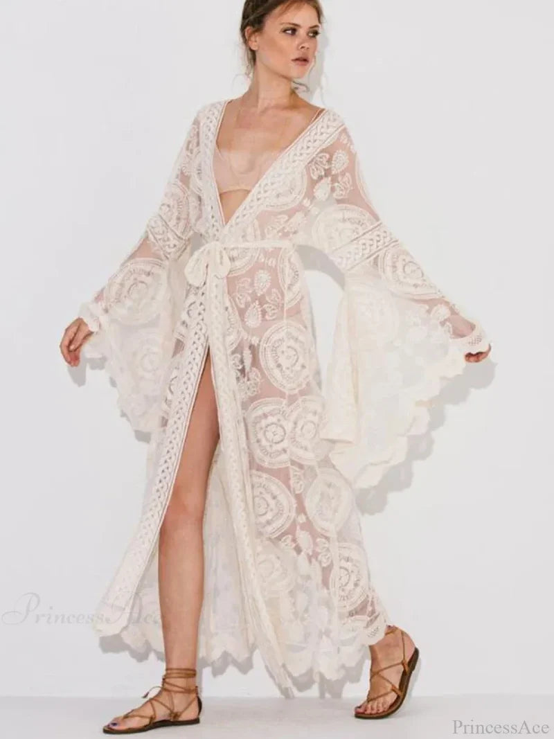 Lace V-Neck Flare Sleeve Beach Cover Up WHITE / One Size