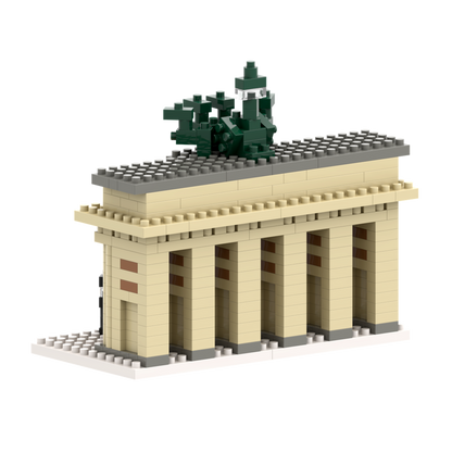 Brixies' Large Gift Box Brandenburg Gate is a LEGO-style micro-brick kit showcasing tan columns, a gray-tiled roof, green chariot statue pieces, and sits elegantly on a white base for a detailed 3D model.
