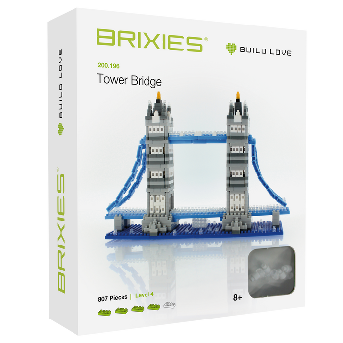 The Brixies Large Gift Box Tower Bridge is a micro-brick building set with 807 pieces, level 4 difficulty, and designed for ages 8+. Features the iconic landmark in detailed construction.