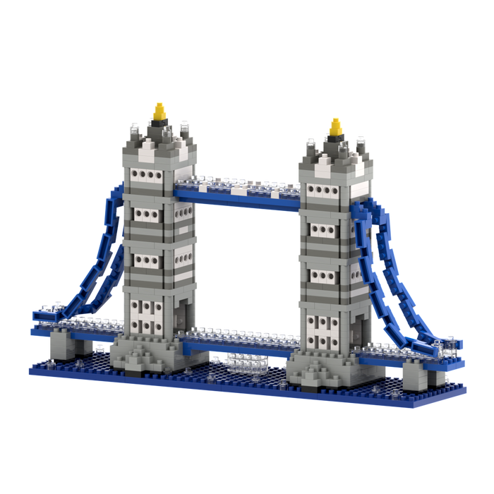 The Brixies Large Gift Box Tower Bridge is a LEGO-style micro-brick kit featuring two gray towers, blue suspension cables, and a blue base—perfect for architectural landmark fans and displayed on a white background.