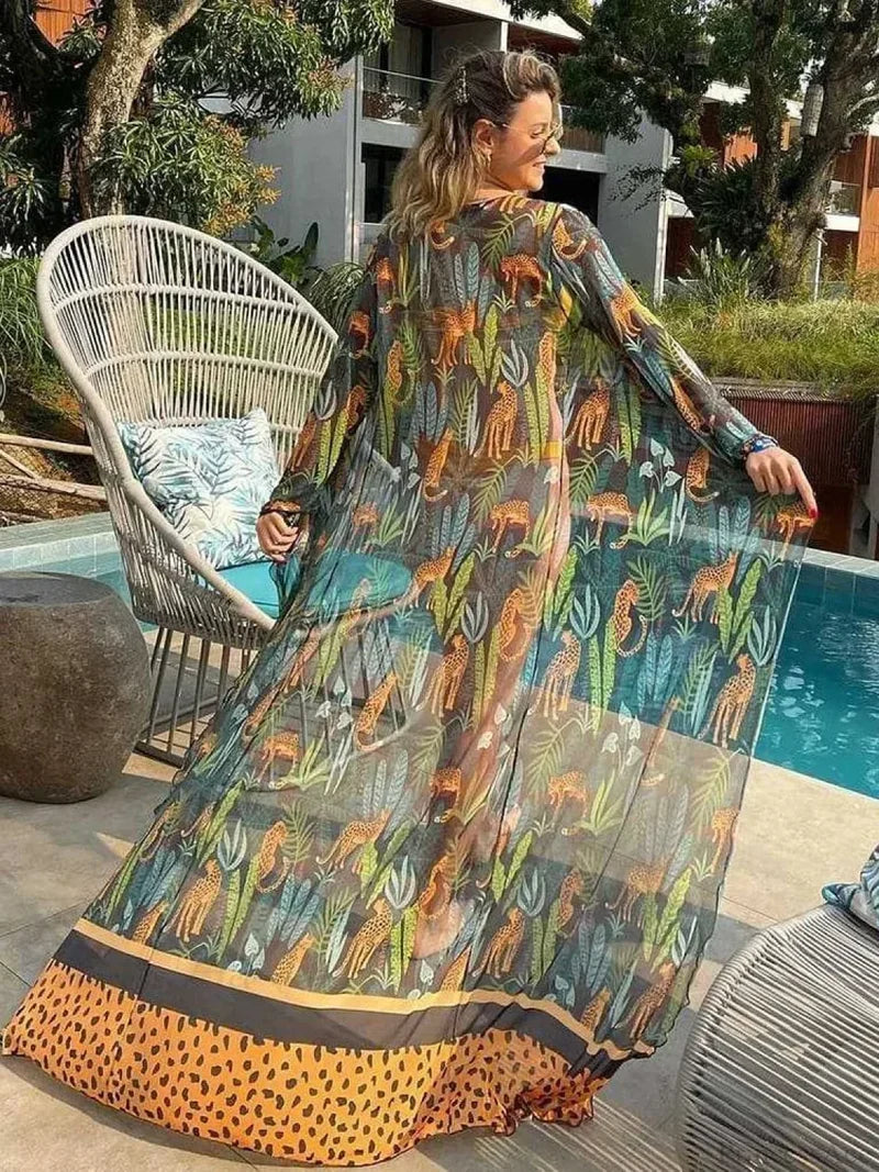 Leaf Print Mesh Beach Cover Up Green / One Size