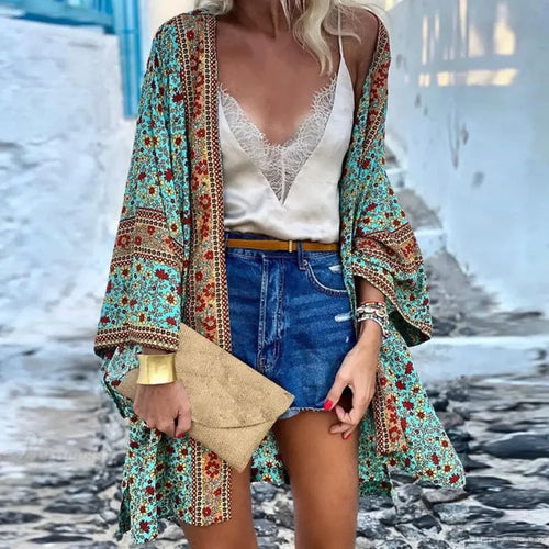Long Sleeve Bohemian Floral Beach Cover Up Green / M