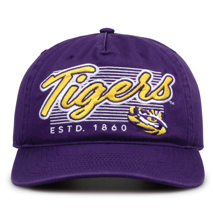 LSU Tigers Original Heritage Script Snapback in purple, front view showing embroidered school script