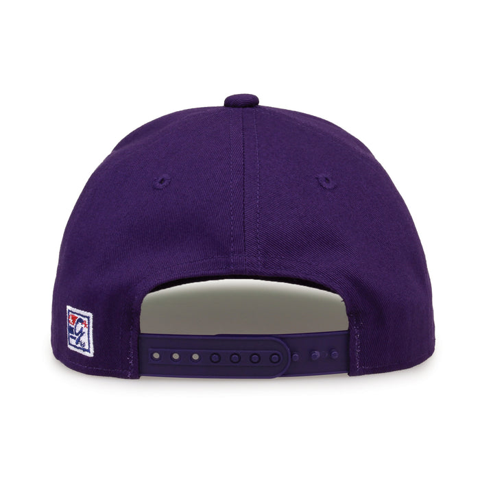 LSU Retro Circle snapback hat in purple, straight rear view showing the adjustable snap closure