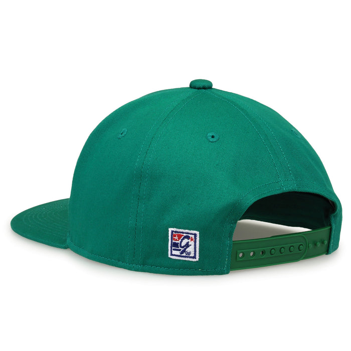 Marshall Retro Circle snapback hat in green, rear view showing the adjustable snap closure