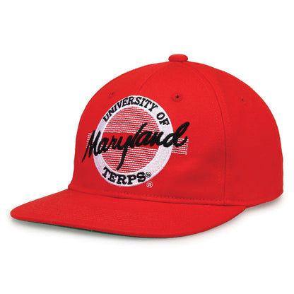 Maryland Retro Circle snapback hat in red, angled view