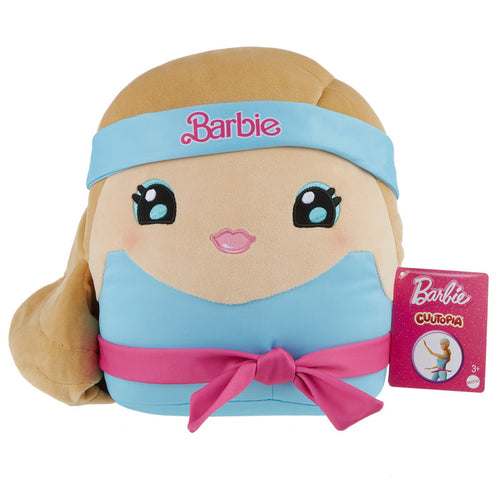 The Mattel Barbie Cutopia 10in Plush by Mattel features a kawaii cartoon face, long blonde hair, a blue headband with “Barbie,” a blue outfit with pink belt, and an attached tag showing a ballerina illustration.