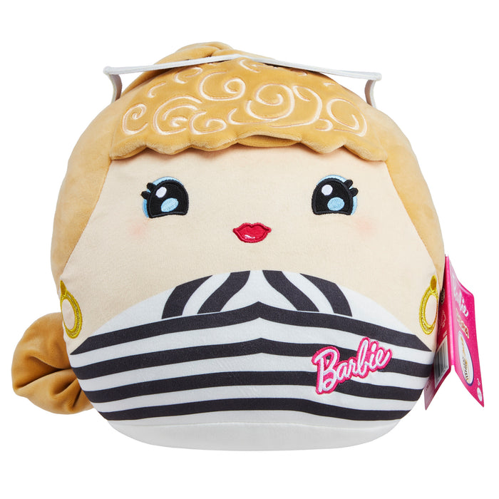 The Mattel Barbie Cutopia 10in Plush by Mattel features a kawaii doll face with blonde curls, red lips, hoop earrings, a black-and-white striped top with a pink Barbie logo, and a cute pink tag. Part of the adorable Barbie Cuutopia plush collection.