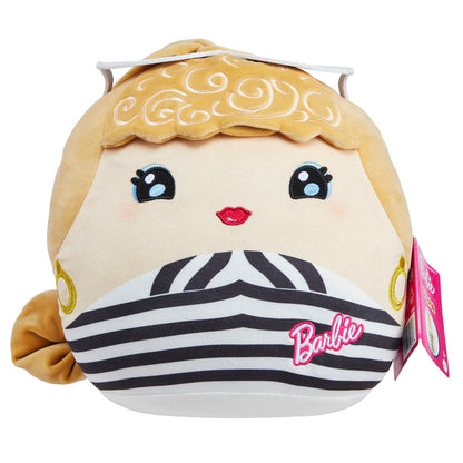 The Mattel Barbie Cutopia 10in Plush by Mattel features a kawaii doll face with blonde curls, red lips, hoop earrings, a black-and-white striped top with a pink Barbie logo, and a cute pink tag. Part of the adorable Barbie Cuutopia plush collection.