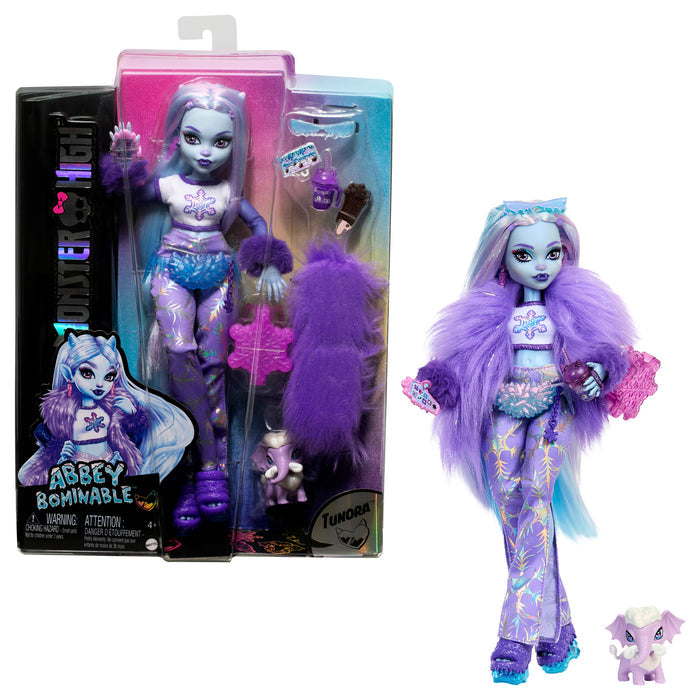 The Mattel Monster High Abbey Doll by Mattel features light blue skin, a purple furry jacket, stylish boots, signature long hair, and comes with a pet wooly mammoth. Shown packaged and posed with accessories.