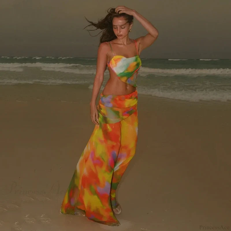 Maxi Dress Cover Up Bikini Three Piece Swimsuit orange / S