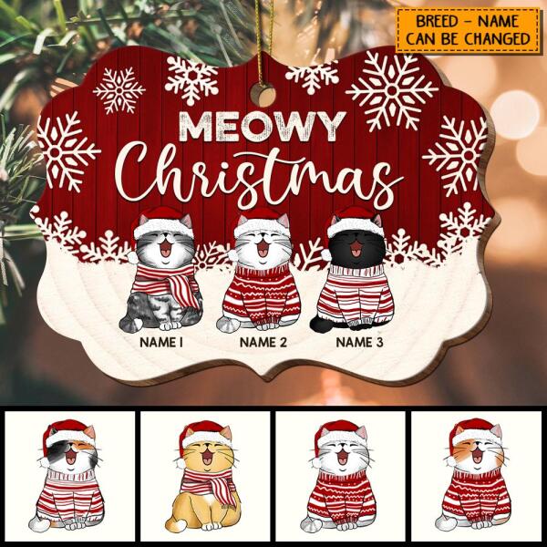 Meowy Christmas Red Or Brown V2 Ornate Shaped Wooden Ornament - Personalized Cat Lovers Decorative Christmas Ornament