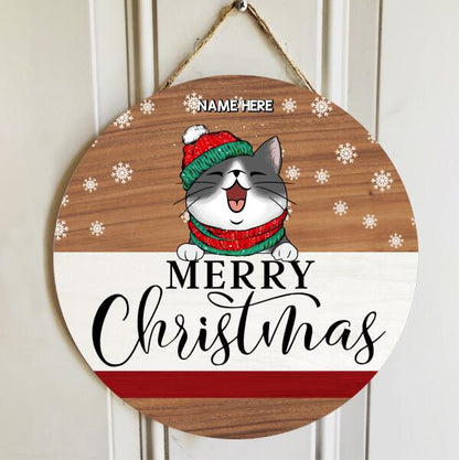 Merry Christmas - Pale Wooden - Personalized Cat Christmas Door Sign