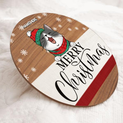 Merry Christmas - Pale Wooden - Personalized Cat Christmas Door Sign